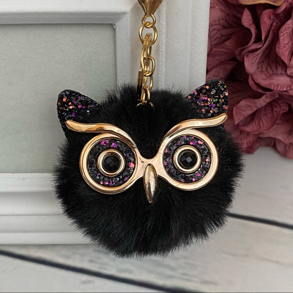 Fluffy Black Owl with Glasses Pom Pom Keychain - Picture 2 of 14